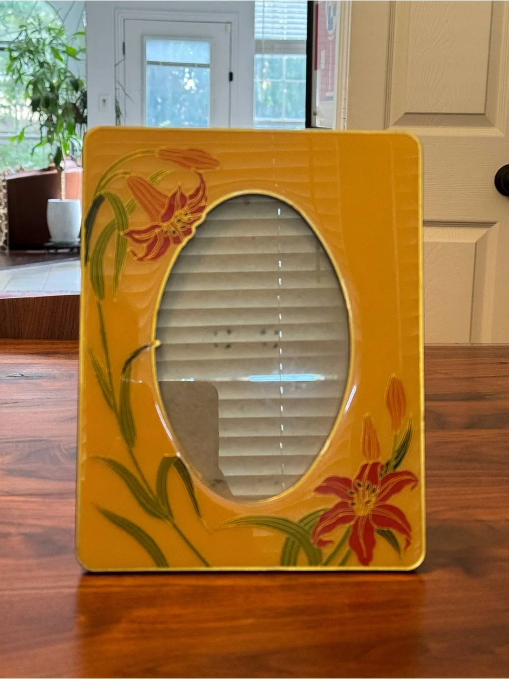 80S Cloisonne Enamel Lily Photo Picture Frame Yellow Orange Floral Flower
